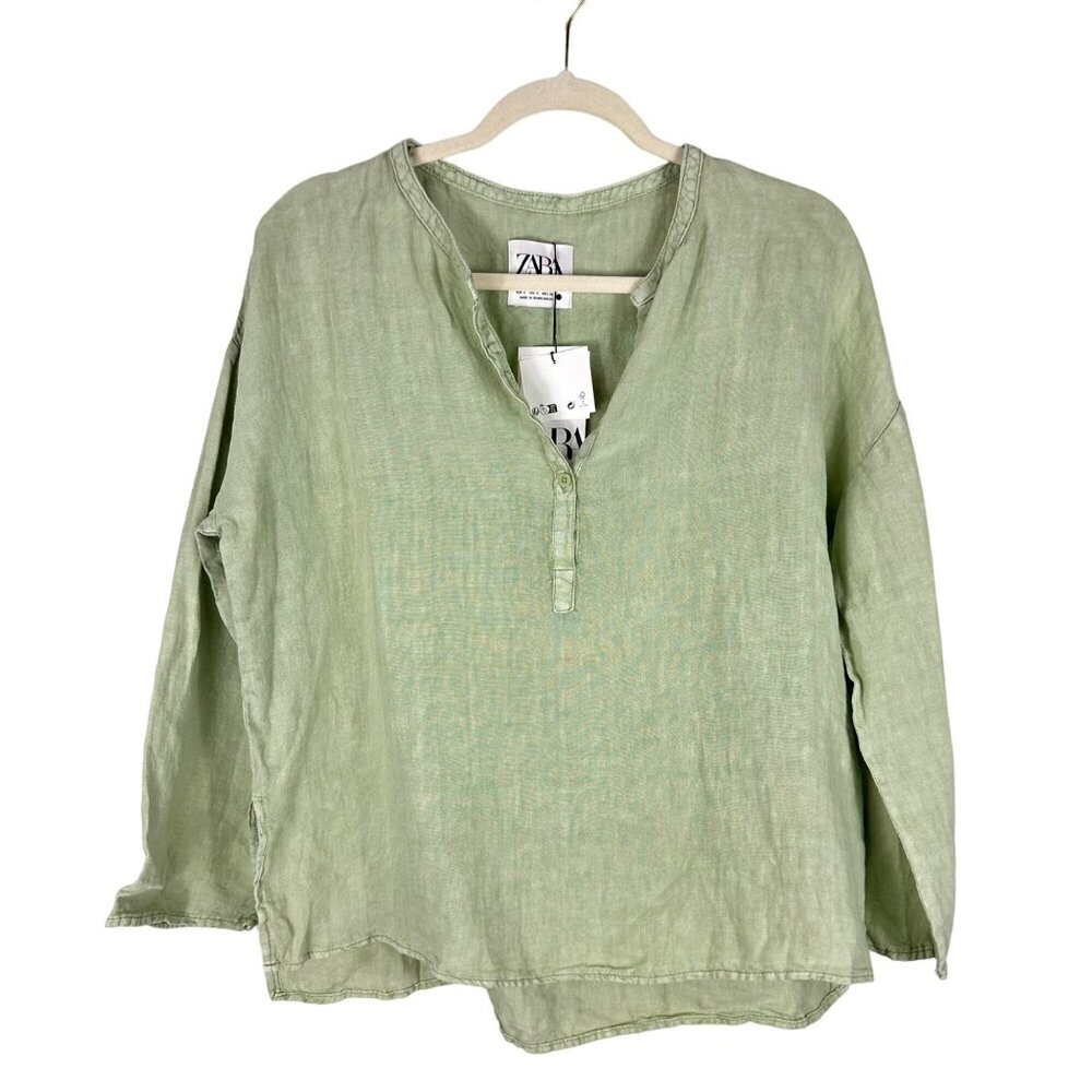 Zara Sage‎ Green Oversized Linen Long Sleeve-Slit Blouse Size Small - Picture 2 of 15